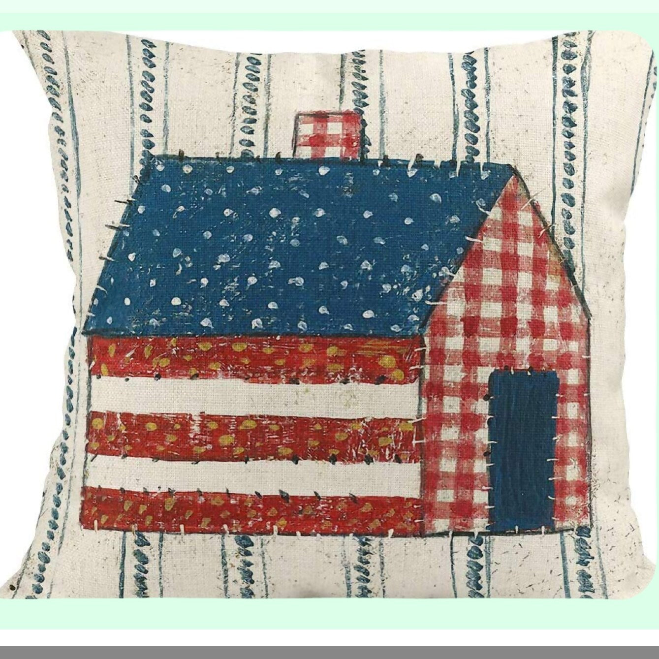 Patriotic Linen Pillow Cover Set - 4th of July Independence Day Decor - Square 16x16 Inches Throw Pillowcases for Home Decoration