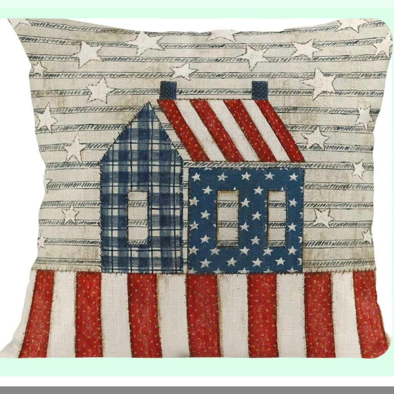Patriotic Linen Pillow Cover Set - 4th of July Independence Day Decor - Square 16x16 Inches Throw Pillowcases for Home Decoration