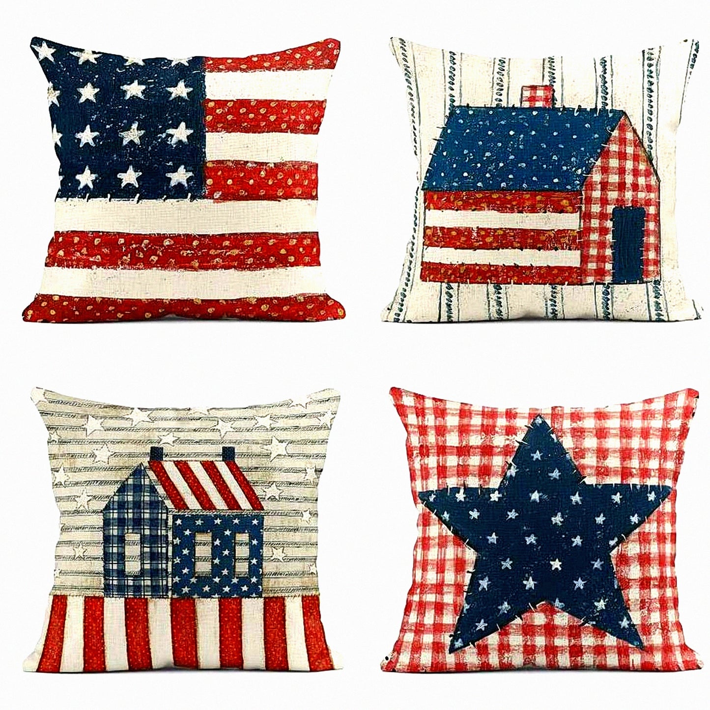 Patriotic Linen Pillow Cover Set - 4th of July Independence Day Decor - Square 16x16 Inches Throw Pillowcases for Home Decoration