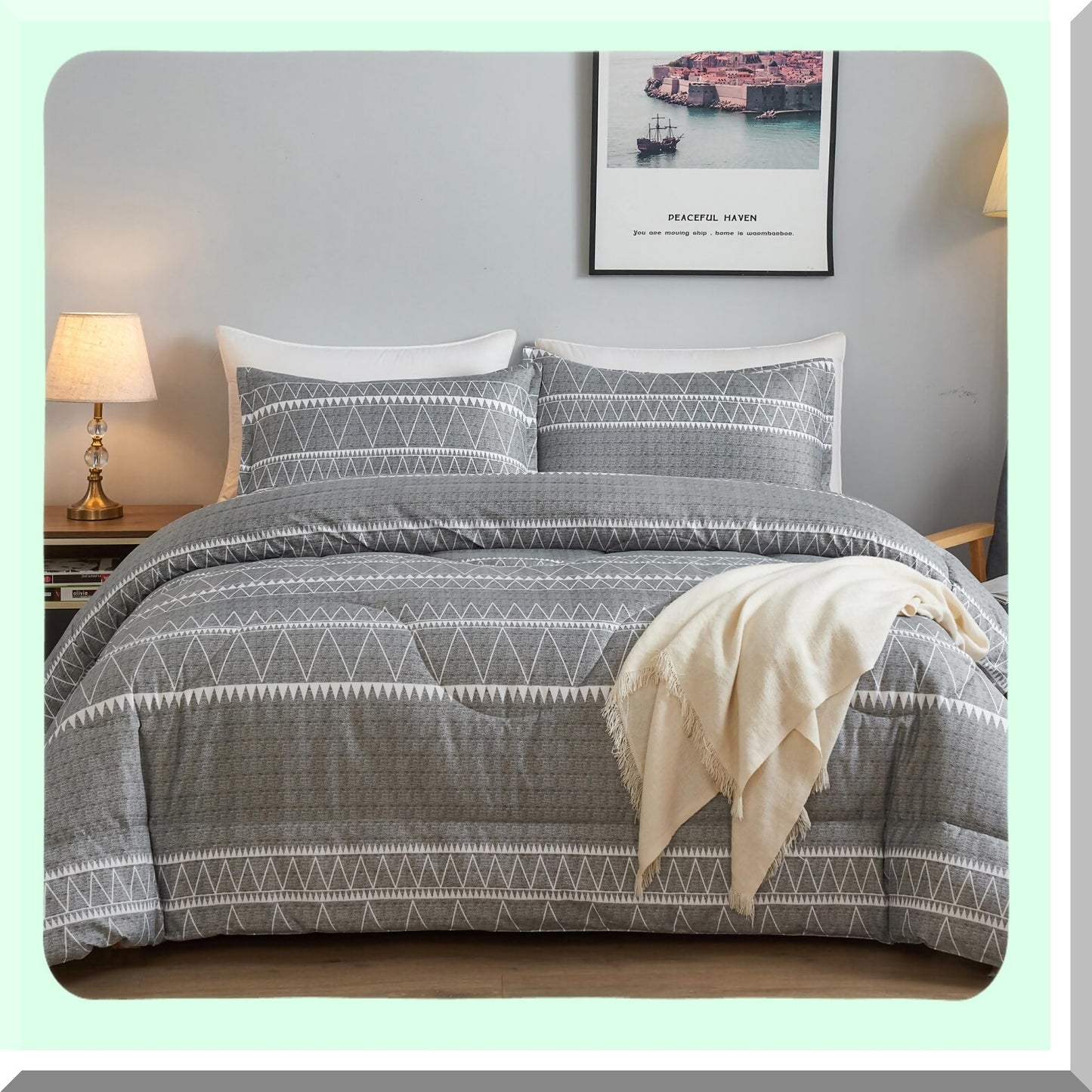 Geometric Grey Comforter Set - Bohemian Summer Bedding Ensemble with Lightweight Microfiber Down Alternative Fill - 3 Piece Bed Set
