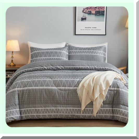 Geometric Grey Comforter Set - Bohemian Summer Bedding Ensemble with Lightweight Microfiber Down Alternative Fill - 3 Piece Bed Set