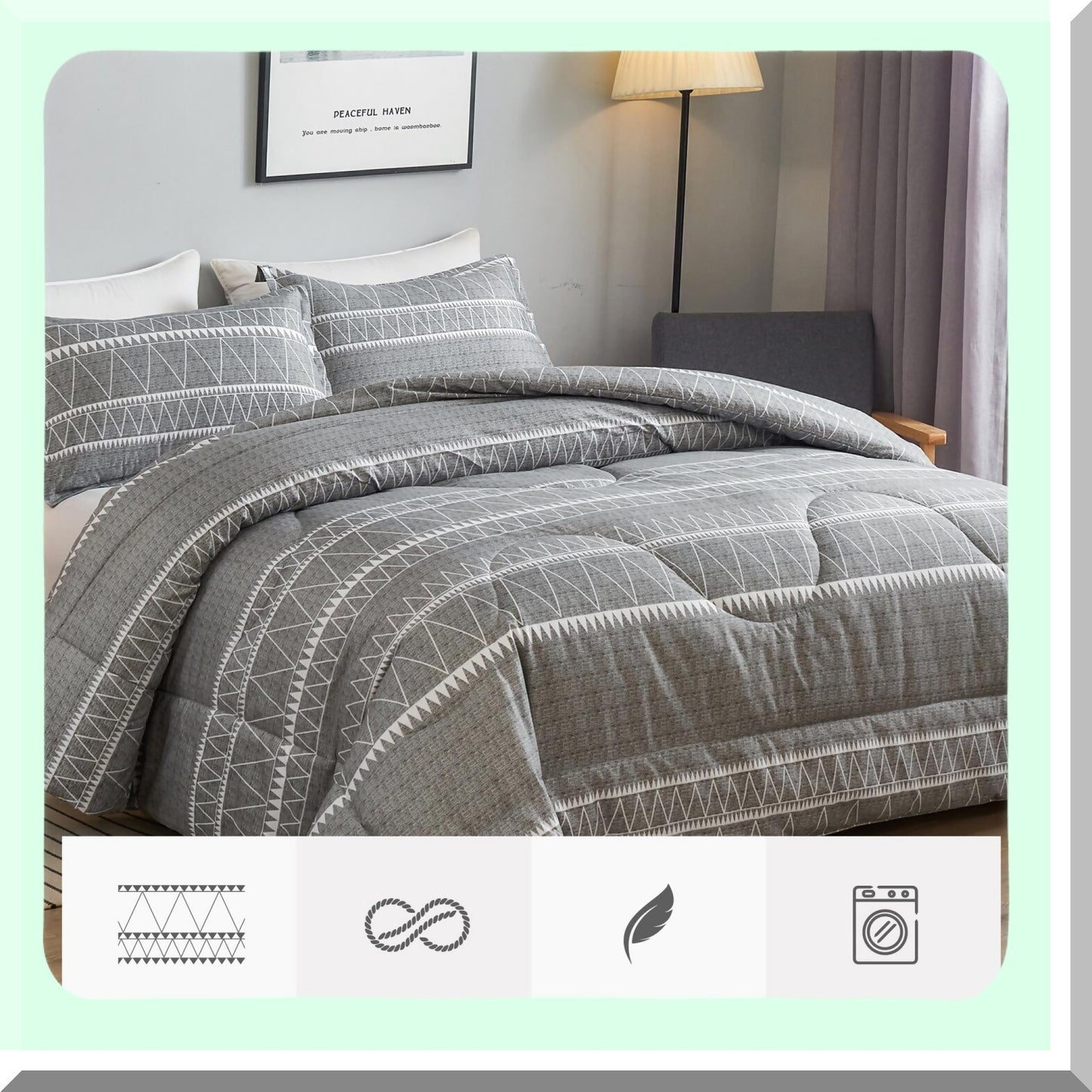 Geometric Grey Comforter Set - Bohemian Summer Bedding Ensemble with Lightweight Microfiber Down Alternative Fill - 3 Piece Bed Set