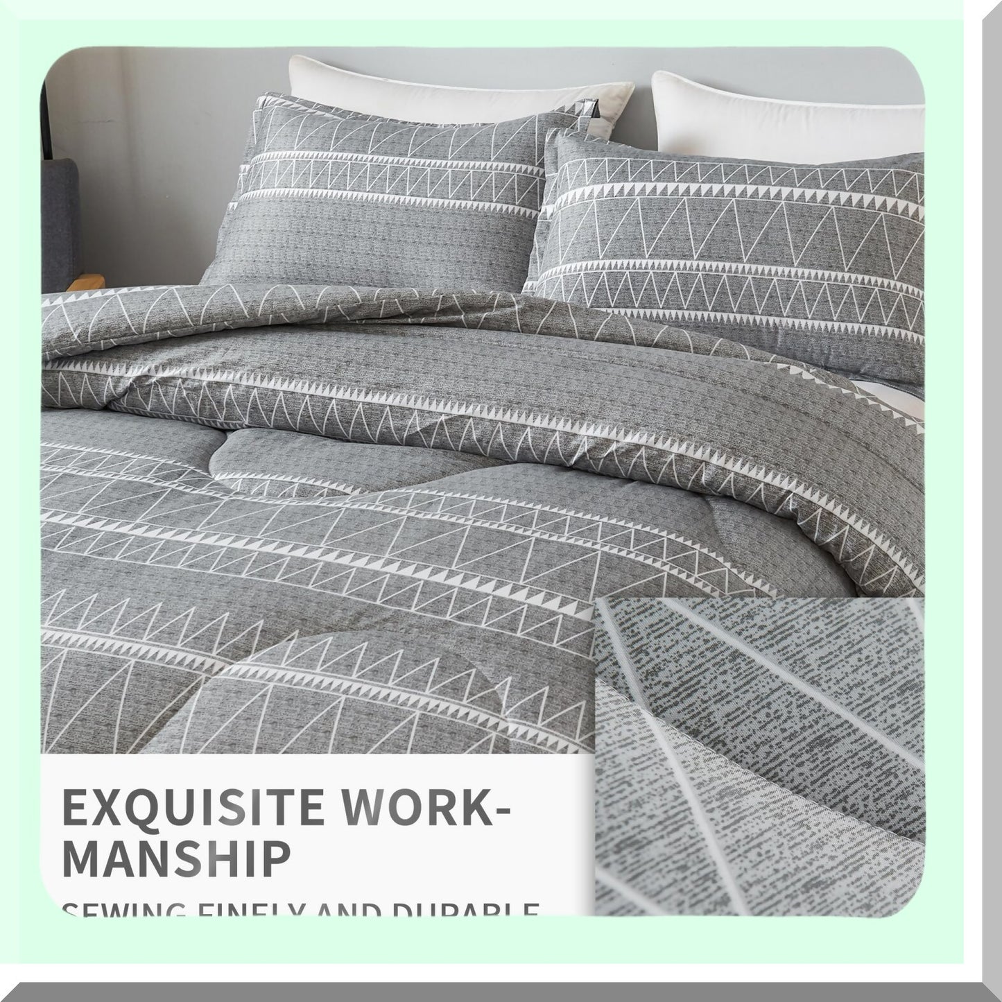 Geometric Grey Comforter Set - Bohemian Summer Bedding Ensemble with Lightweight Microfiber Down Alternative Fill - 3 Piece Bed Set