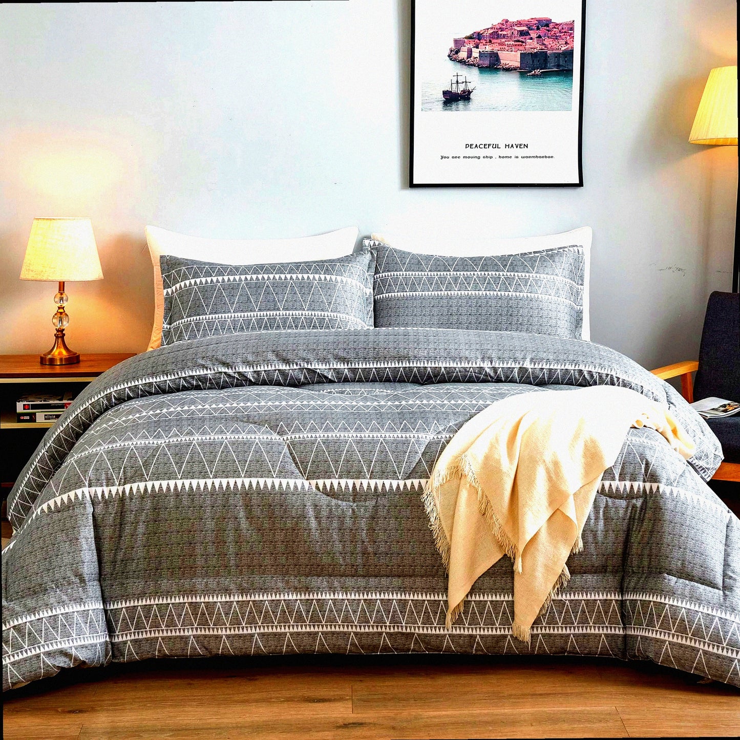 Geometric Grey Comforter Set - Bohemian Summer Bedding Ensemble with Lightweight Microfiber Down Alternative Fill - 3 Piece Bed Set