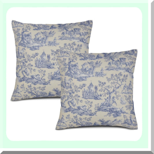 Vintage Blue Te Linen Pillow Covers - French Country Decor Set of 2 | Victorian Throw Pillow Case 18x18 for Couch Bed Sofa - Decorative Home Accent
