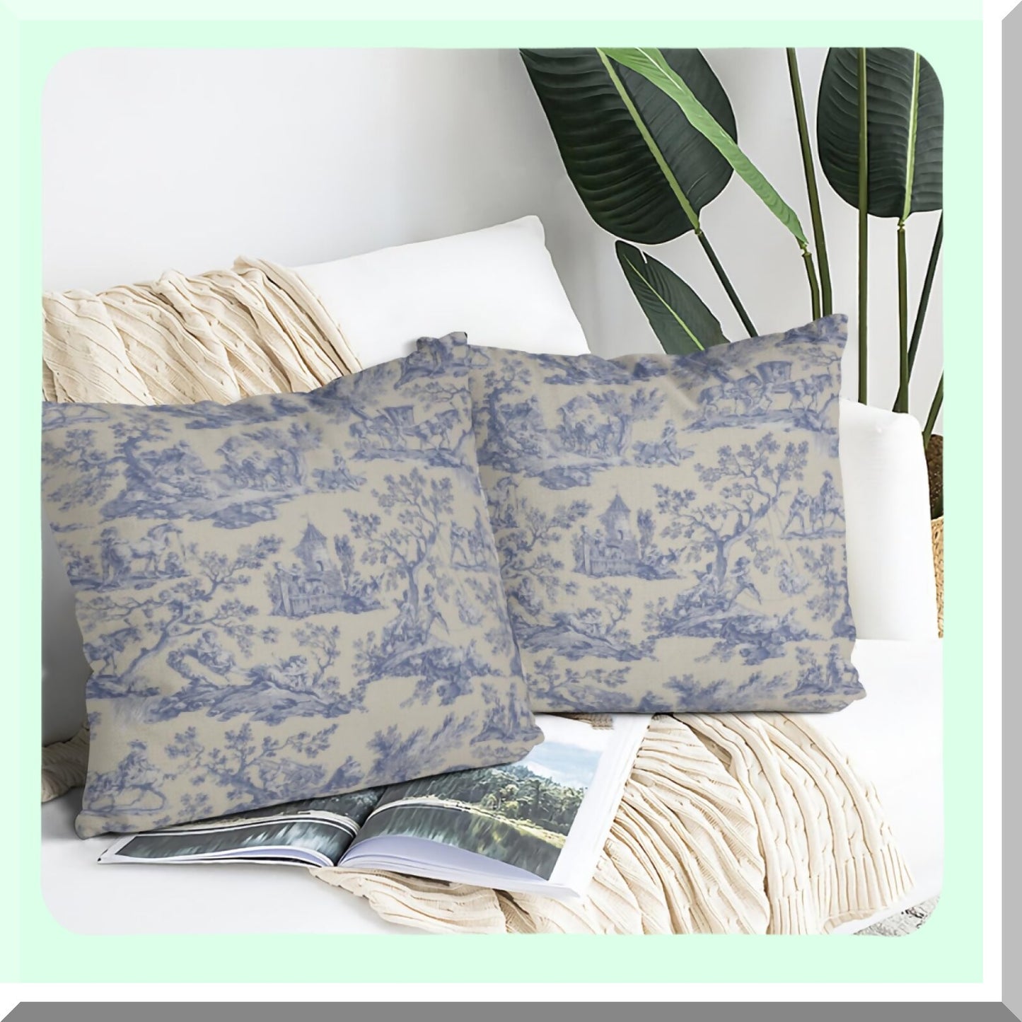 Vintage Blue Te Linen Pillow Covers - French Country Decor Set of 2 | Victorian Throw Pillow Case 18x18 for Couch Bed Sofa - Decorative Home Accent