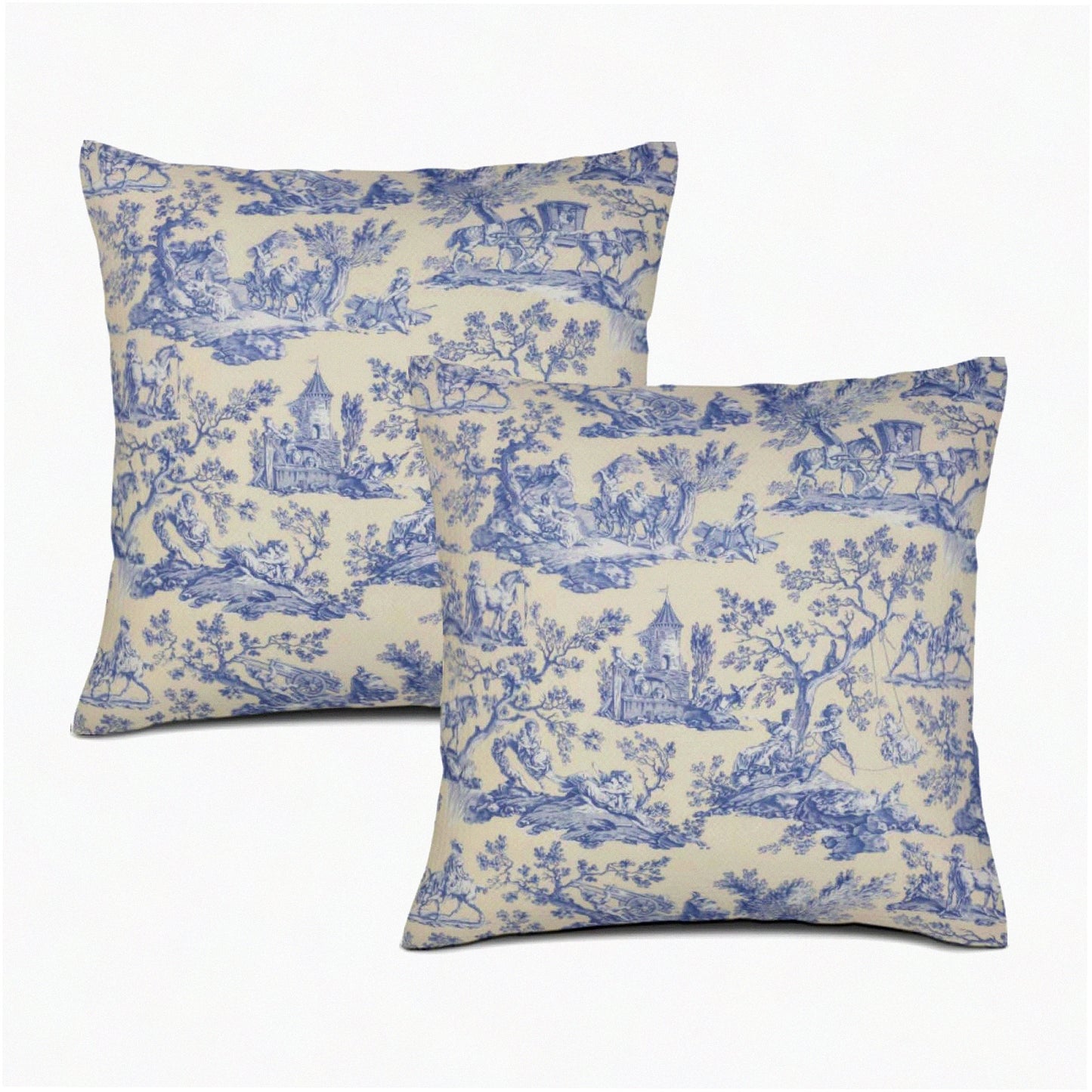 Vintage Blue Te Linen Pillow Covers - French Country Decor Set of 2 | Victorian Throw Pillow Case 18x18 for Couch Bed Sofa - Decorative Home Accent