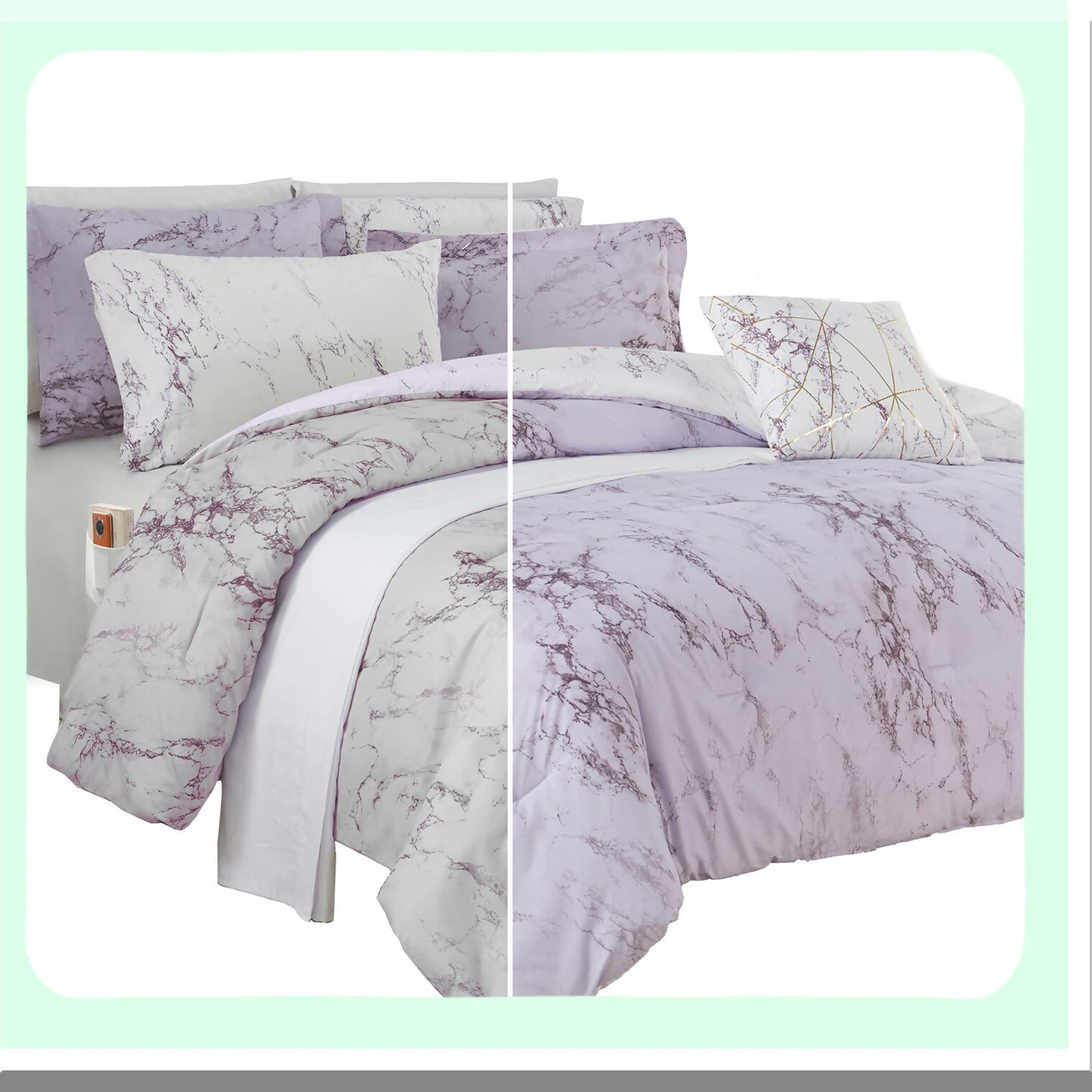 MarbleDream 10-Piece Comforter Set - Plush Lilac/Purple Bedding with Smart Pockets - Lightweight Reversible Design for Ultimate Comfort and Style