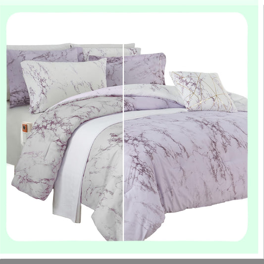 MarbleDream 10-Piece Comforter Set - Plush Lilac/Purple Bedding with Smart Pockets - Lightweight Reversible Design for Ultimate Comfort and Style