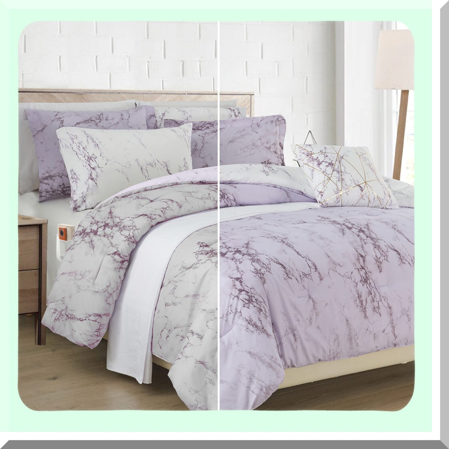 MarbleDream 10-Piece Comforter Set - Plush Lilac/Purple Bedding with Smart Pockets - Lightweight Reversible Design for Ultimate Comfort and Style