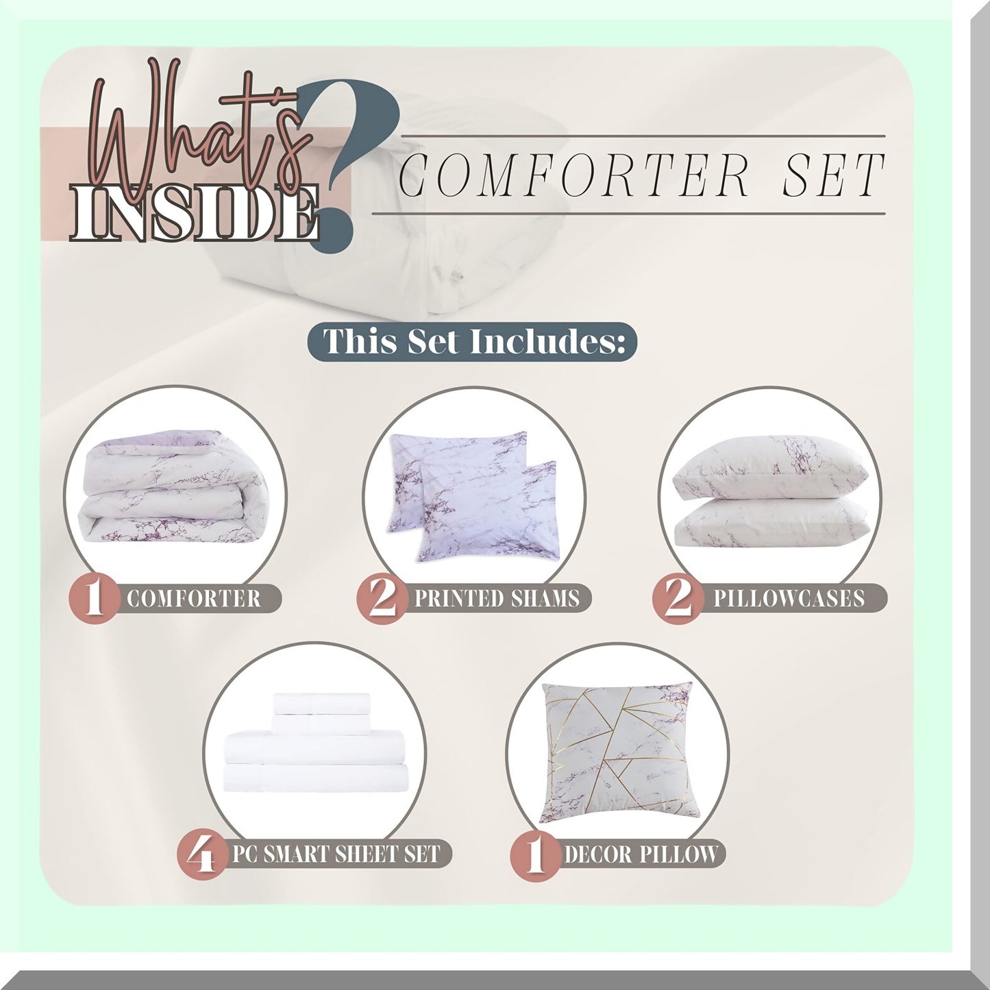 MarbleDream 10-Piece Comforter Set - Plush Lilac/Purple Bedding with Smart Pockets - Lightweight Reversible Design for Ultimate Comfort and Style