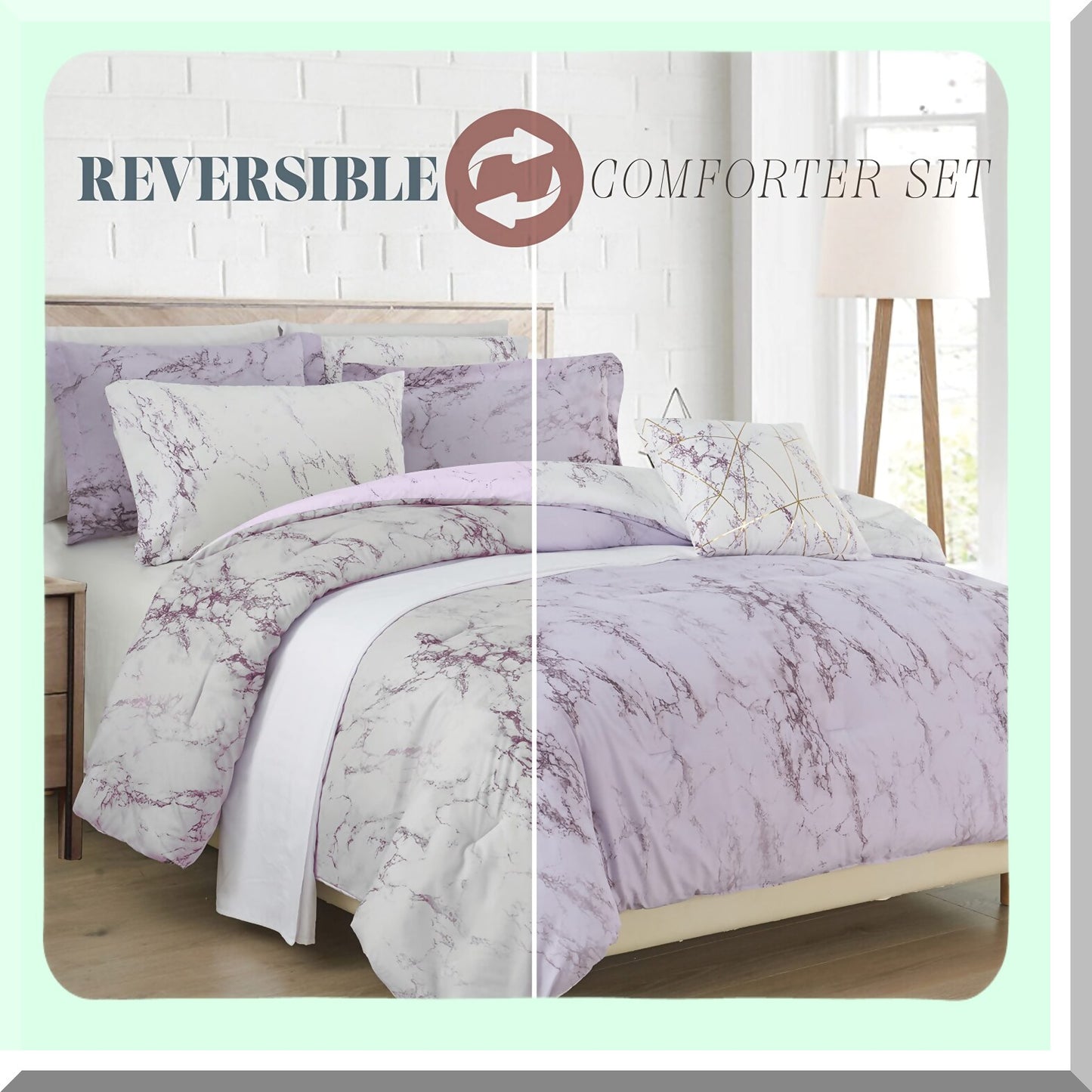 MarbleDream 10-Piece Comforter Set - Plush Lilac/Purple Bedding with Smart Pockets - Lightweight Reversible Design for Ultimate Comfort and Style