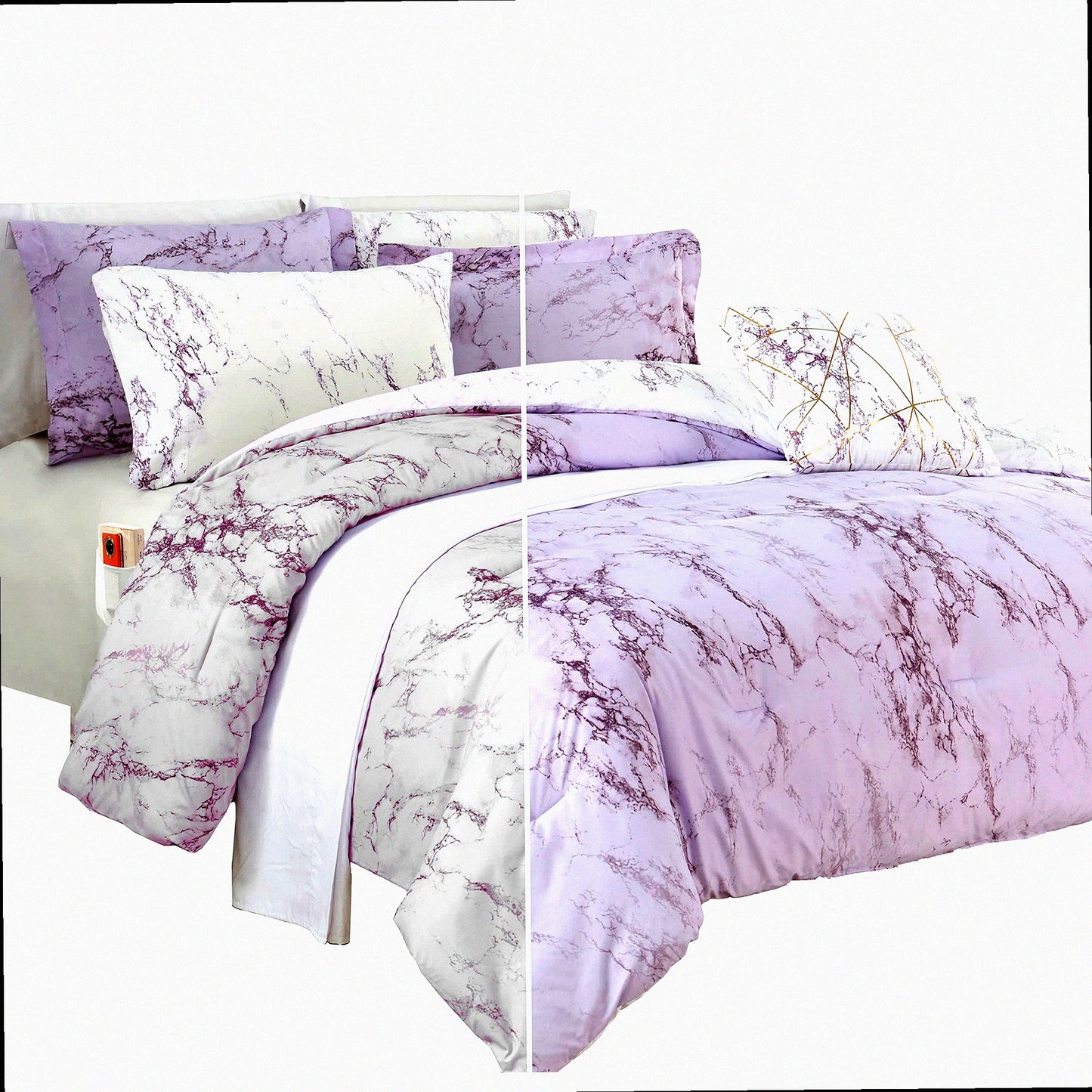 MarbleDream 10-Piece Comforter Set - Plush Lilac/Purple Bedding with Smart Pockets - Lightweight Reversible Design for Ultimate Comfort and Style