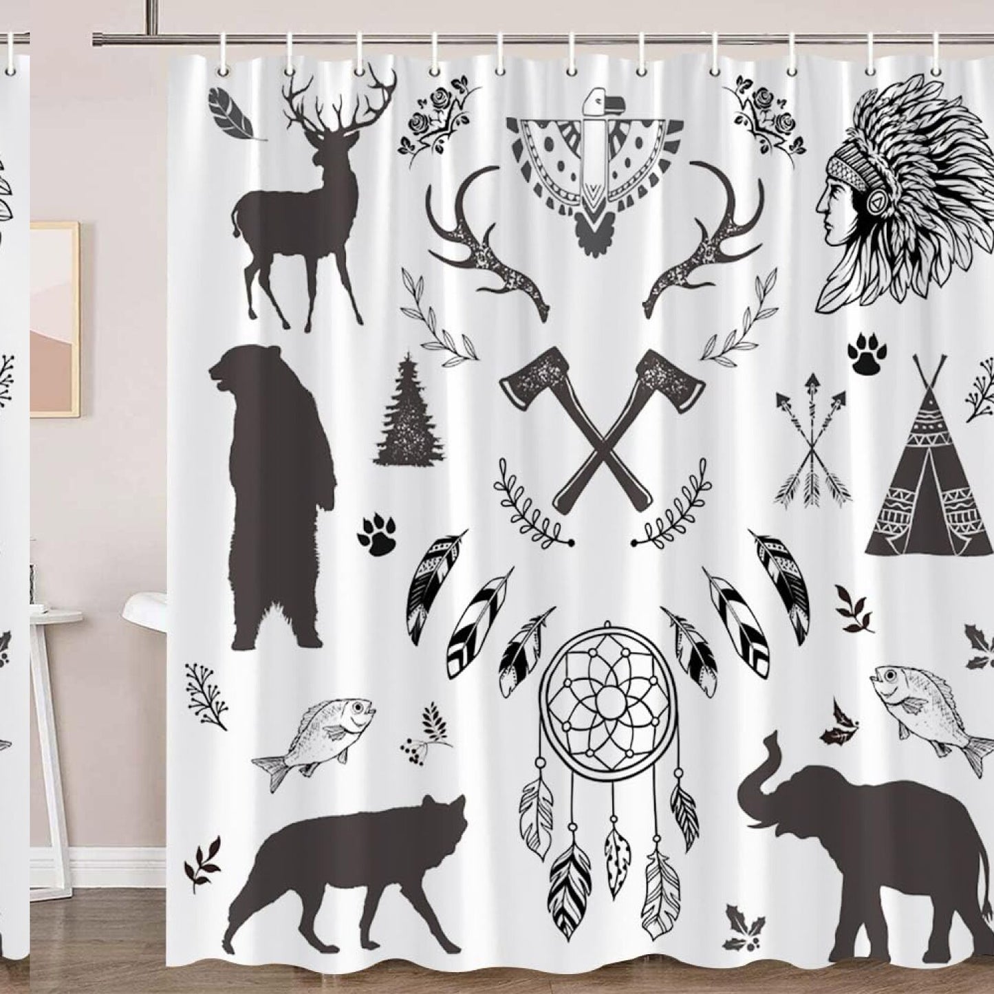 Grey Southwestern Tribal Shower Curtain with 12 Hooks
