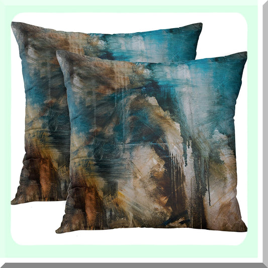 Turquoise Abstract Retro Pillow Covers - Set of 2 Modern Messy Black & Brown Painting Decorative Cases for Home Decor, 18x18 Inches Square