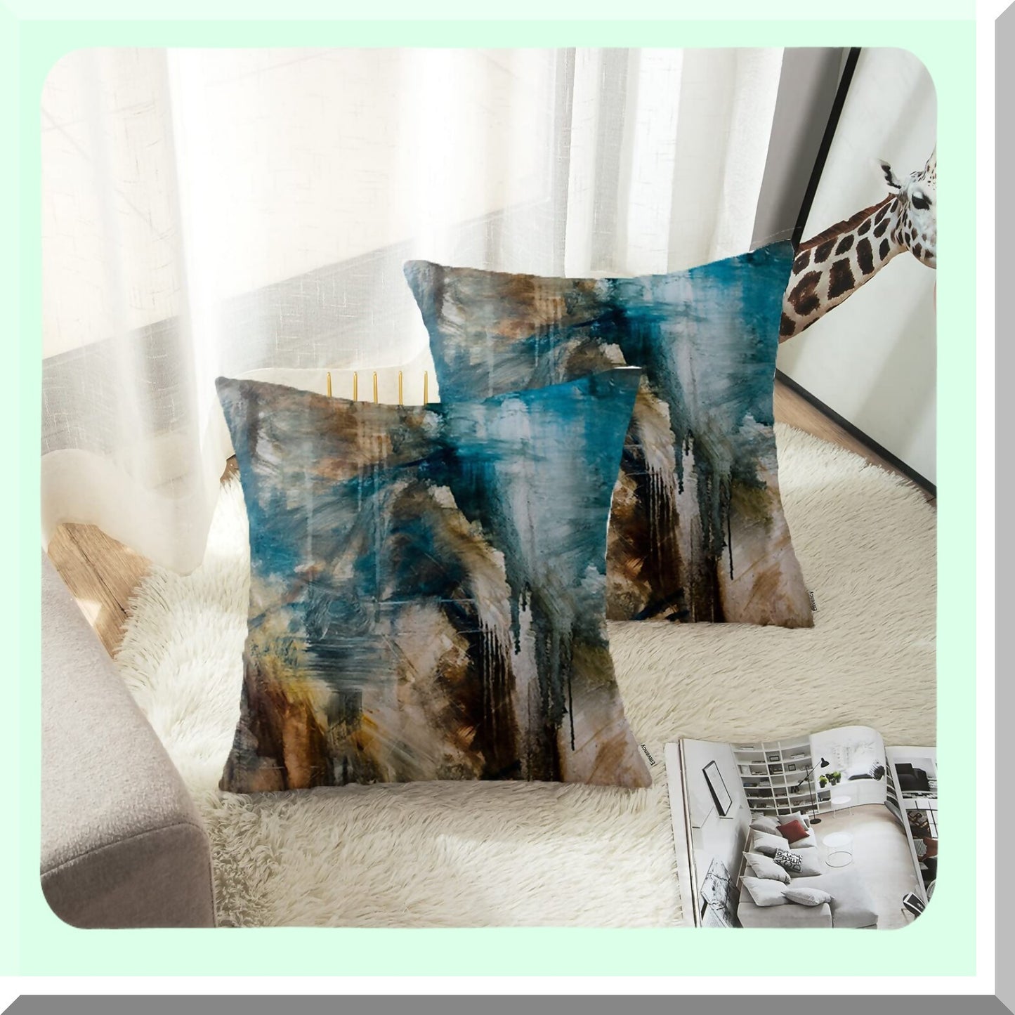 Turquoise Abstract Retro Pillow Covers - Set of 2 Modern Messy Black & Brown Painting Decorative Cases for Home Decor, 18x18 Inches Square