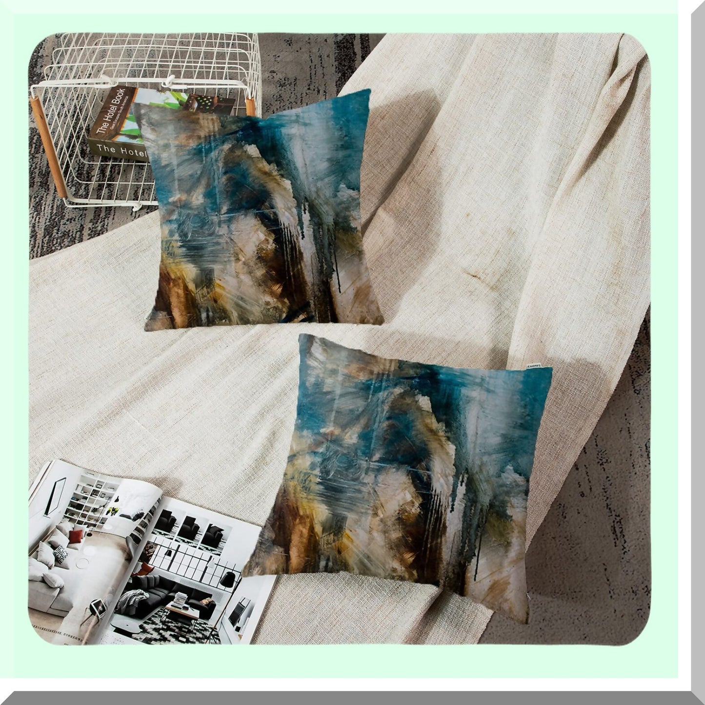 Turquoise Abstract Retro Pillow Covers - Set of 2 Modern Messy Black & Brown Painting Decorative Cases for Home Decor, 18x18 Inches Square