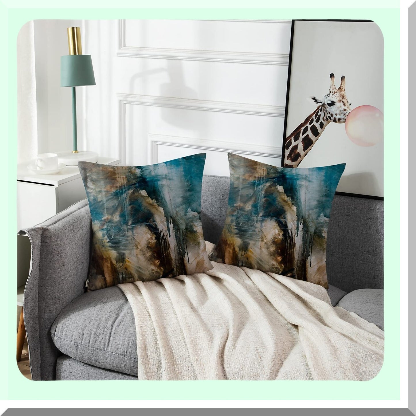 Turquoise Abstract Retro Pillow Covers - Set of 2 Modern Messy Black & Brown Painting Decorative Cases for Home Decor, 18x18 Inches Square