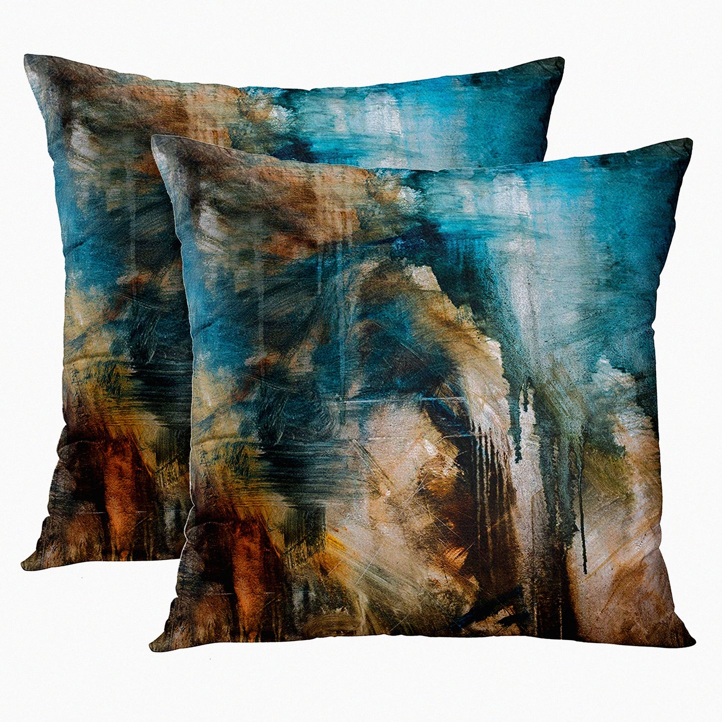 Turquoise Abstract Retro Pillow Covers - Set of 2 Modern Messy Black & Brown Painting Decorative Cases for Home Decor, 18x18 Inches Square