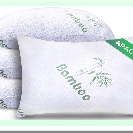 CoolDream Memory Foam Pillow Set - Queen Size 4 Pack | Cooling Bed Pillows for Back, Stomach, Side Sleepers | Firm & Comfy Shredded Memory Foam | Bamboo Derived Rayon | Sleep Better with CoolDream!