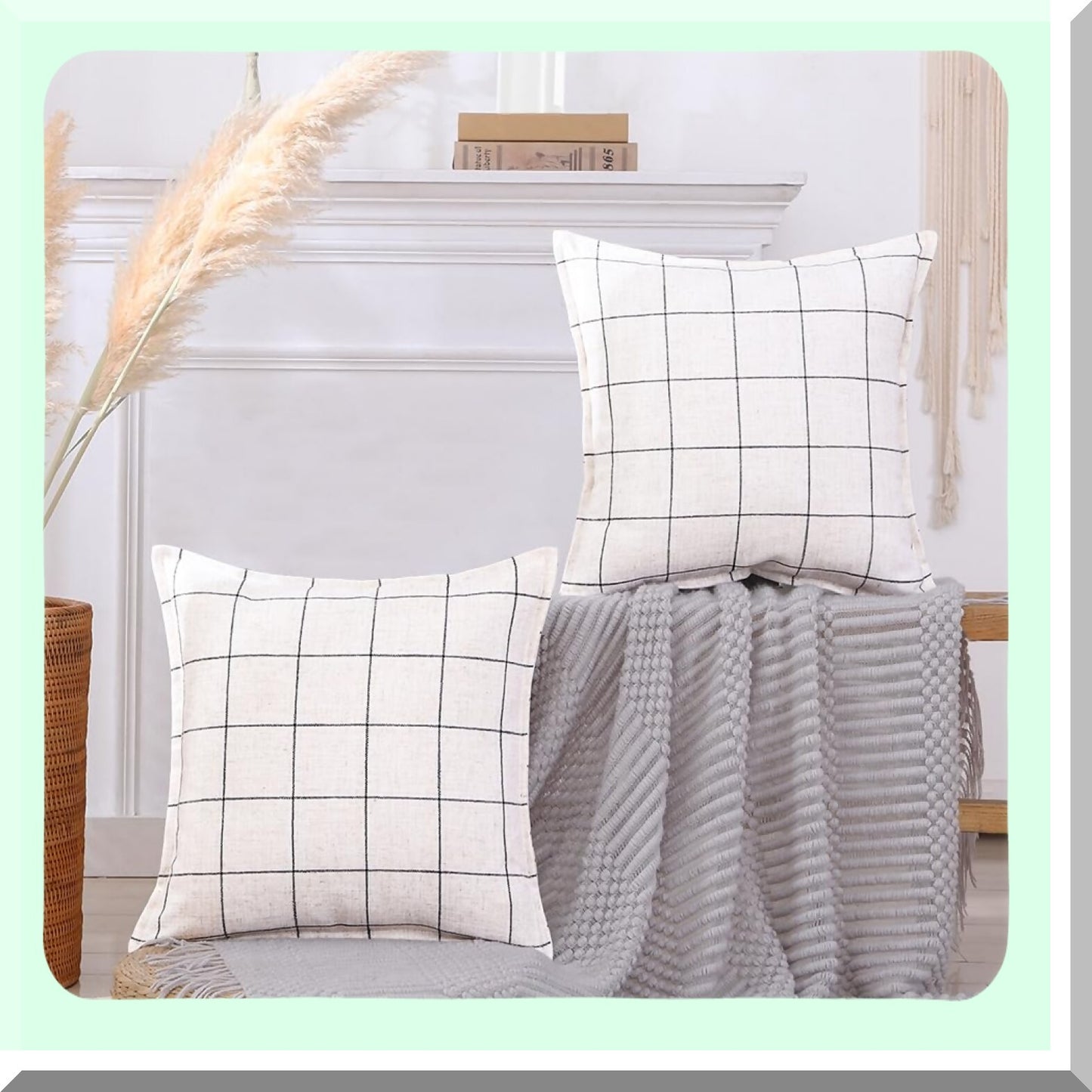 Neutral Boho Farmhouse Plaid Pillow Covers - Set of 2 Checkered Linen Decorative Cushion Cases for Couch and Bed - Beige Cream with Black Stripes - 18x18 Square