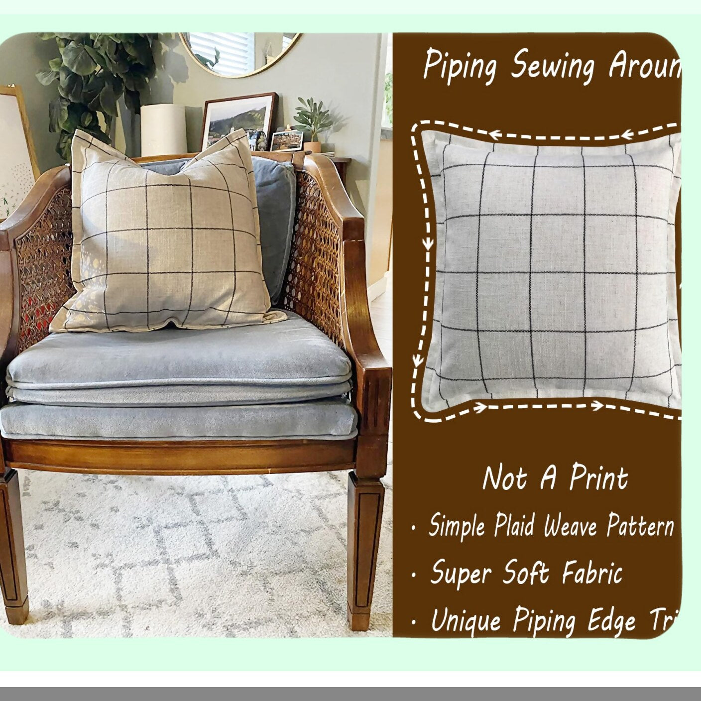 Neutral Boho Farmhouse Plaid Pillow Covers - Set of 2 Checkered Linen Decorative Cushion Cases for Couch and Bed - Beige Cream with Black Stripes - 18x18 Square