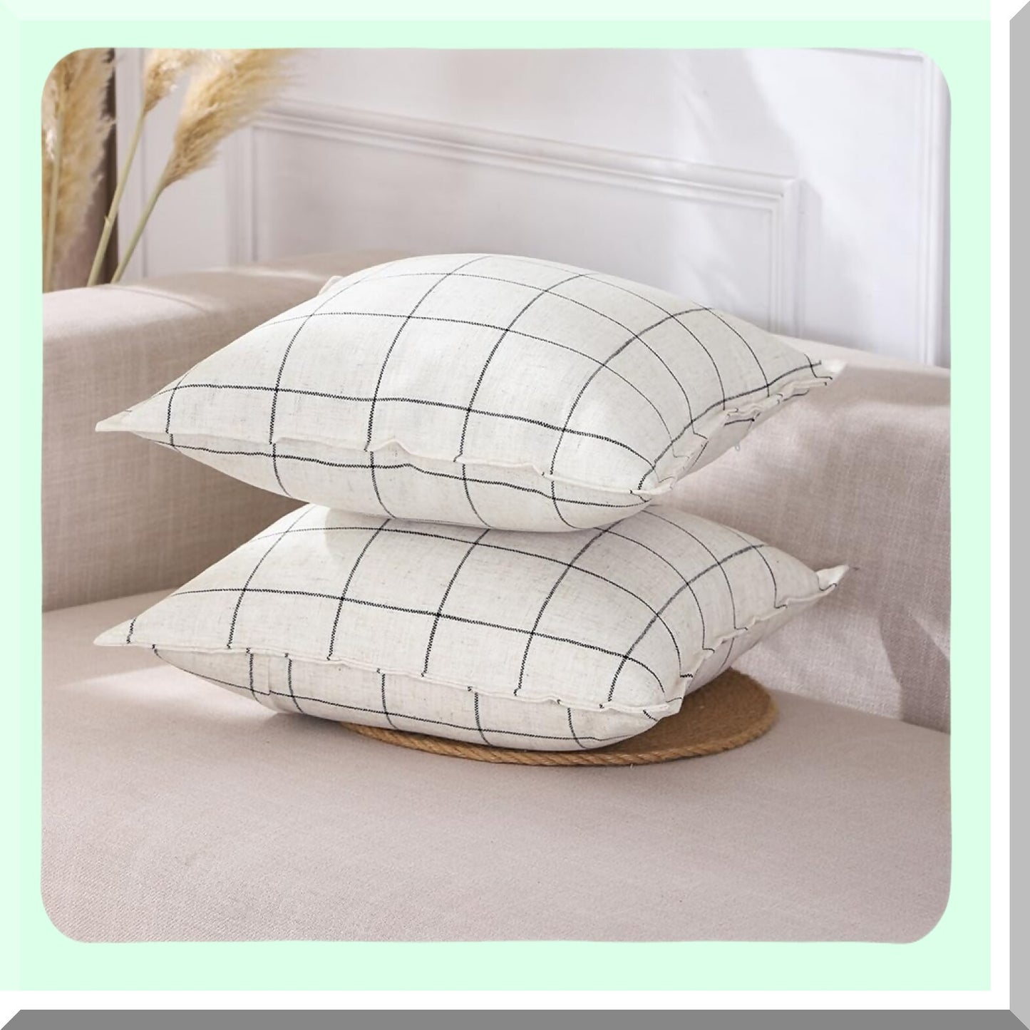 Neutral Boho Farmhouse Plaid Pillow Covers - Set of 2 Checkered Linen Decorative Cushion Cases for Couch and Bed - Beige Cream with Black Stripes - 18x18 Square