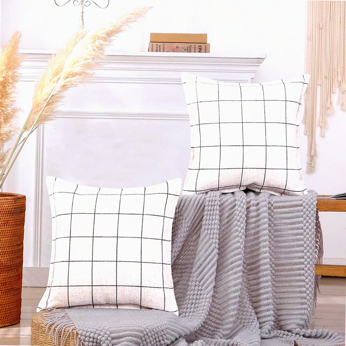 Neutral Boho Farmhouse Plaid Pillow Covers - Set of 2 Checkered Linen Decorative Cushion Cases for Couch and Bed - Beige Cream with Black Stripes - 18x18 Square