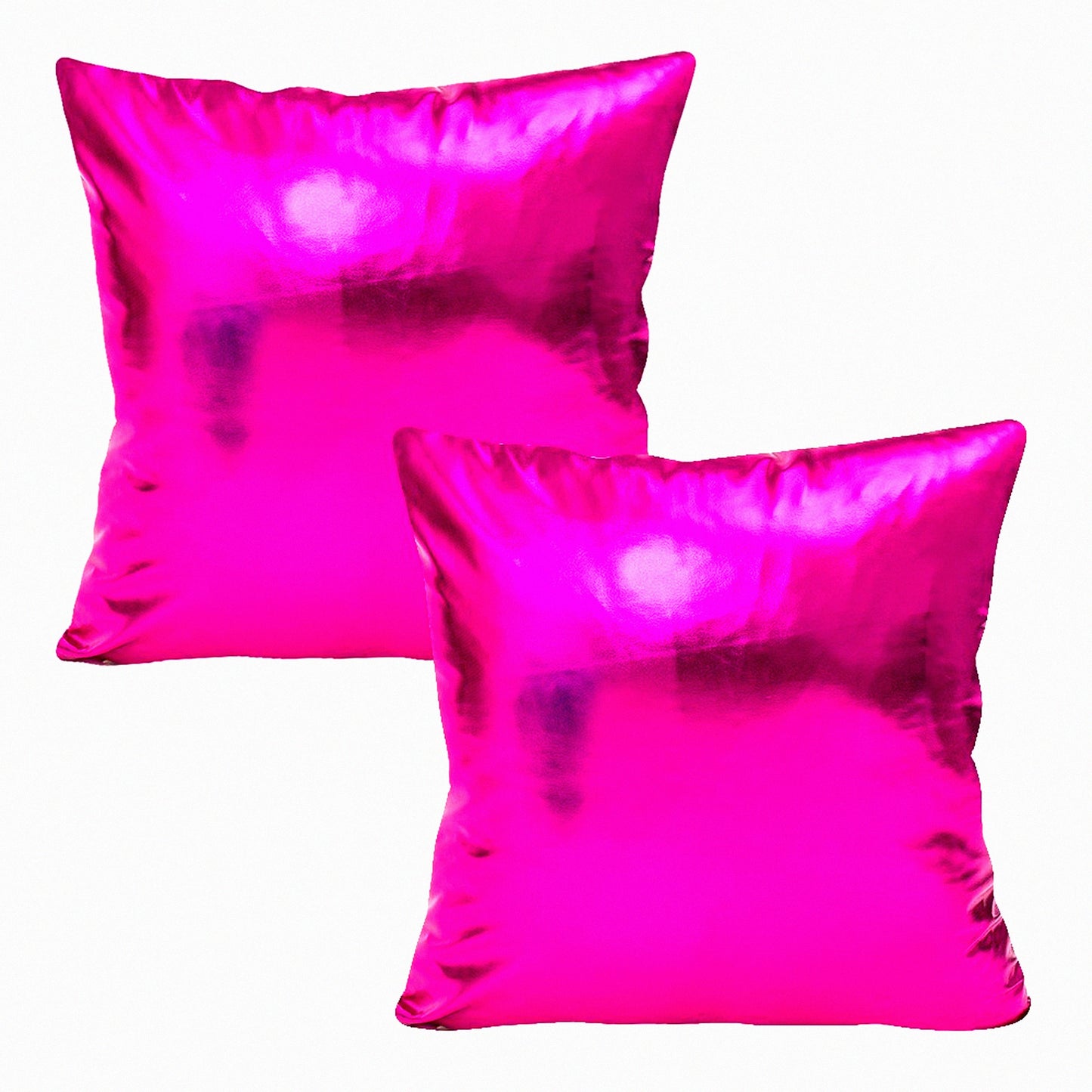 Metallic Leather Party Pillow Covers - Set of 2 Hot Pink Square Throw Pillowcase Cushion Covers for Sofa and Couch - 18 x 18 Inches