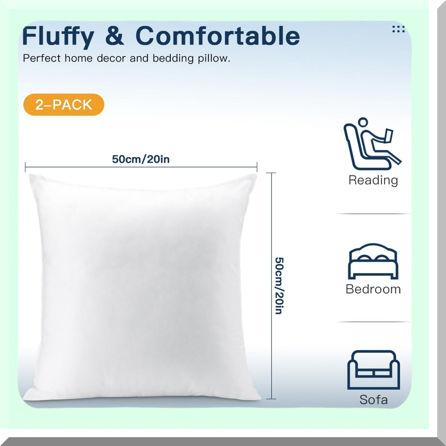 FluffLux 20x20 Pillow Inserts - Set of 2 Decorative Square Throw Pillow Forms for Sofa Bed Couch - Premium Fluffy Sham Stuffer - Indoor Living Room Décor