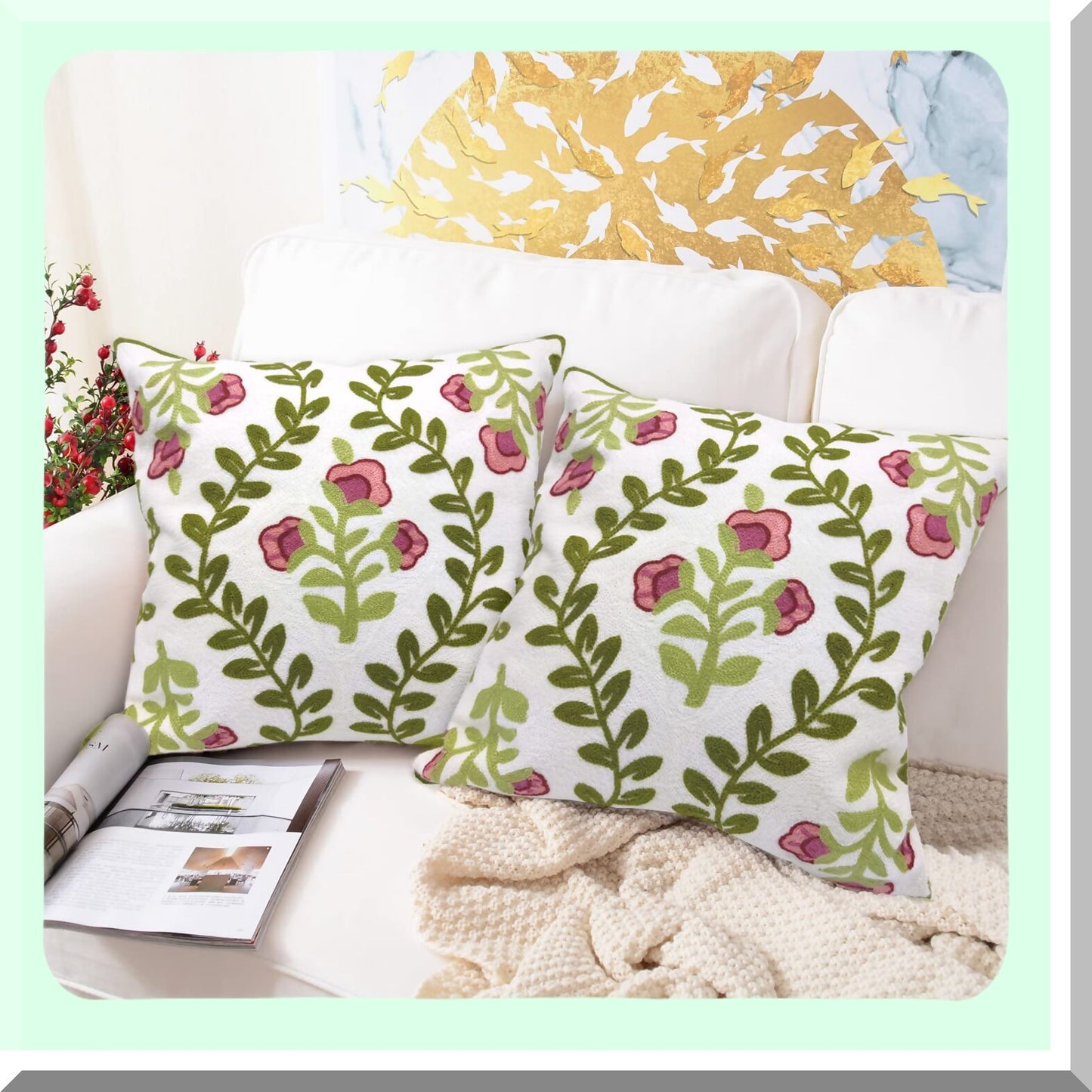 Luxury Rose Floral Embroidered Pillow Covers - Set of 2 | 18"x18" Decorative Cushion Cases for Sofa, Couch, Living Room, Bedroom - Pink Flower Knit Pattern Wedding Decor