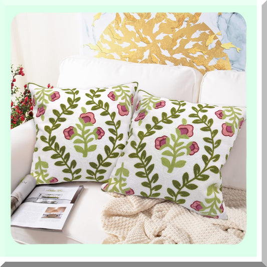 Luxury Rose Floral Embroidered Pillow Covers - Set of 2 | 18"x18" Decorative Cushion Cases for Sofa, Couch, Living Room, Bedroom - Pink Flower Knit Pattern Wedding Decor