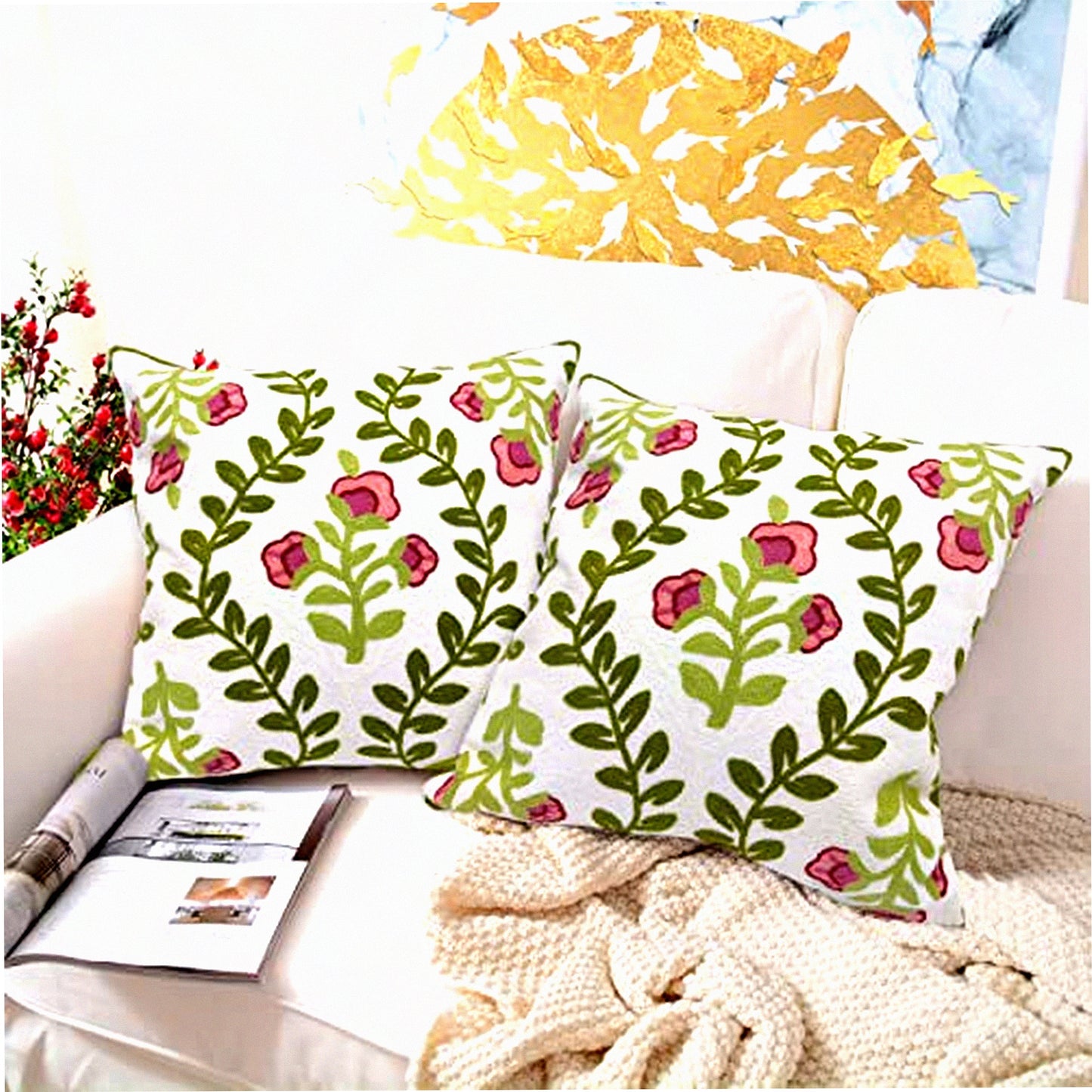 Luxury Rose Floral Embroidered Pillow Covers - Set of 2 | 18"x18" Decorative Cushion Cases for Sofa, Couch, Living Room, Bedroom - Pink Flower Knit Pattern Wedding Decor