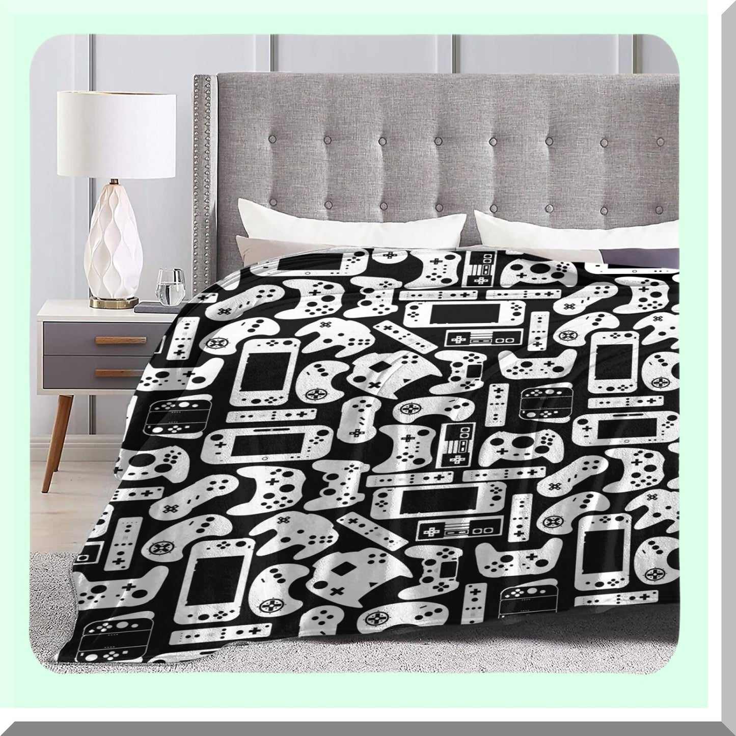 GameMaster Cozy Flannel Gaming Blanket - Soft Microfiber, Lightweight, Fluffy Fleece for Teens, Boys, Adults - Perfect for Sofa, Office, or Console Gaming - Black & White 50"x40""