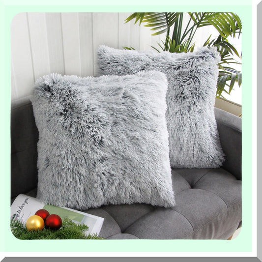 Luxury Gray Ombre Fluffy Throw Pillow Covers - Set of 2 | Super Soft Cushion Cases for Sofa or Bed | Double Sided Decorative Home Decor - 18x18 Inch