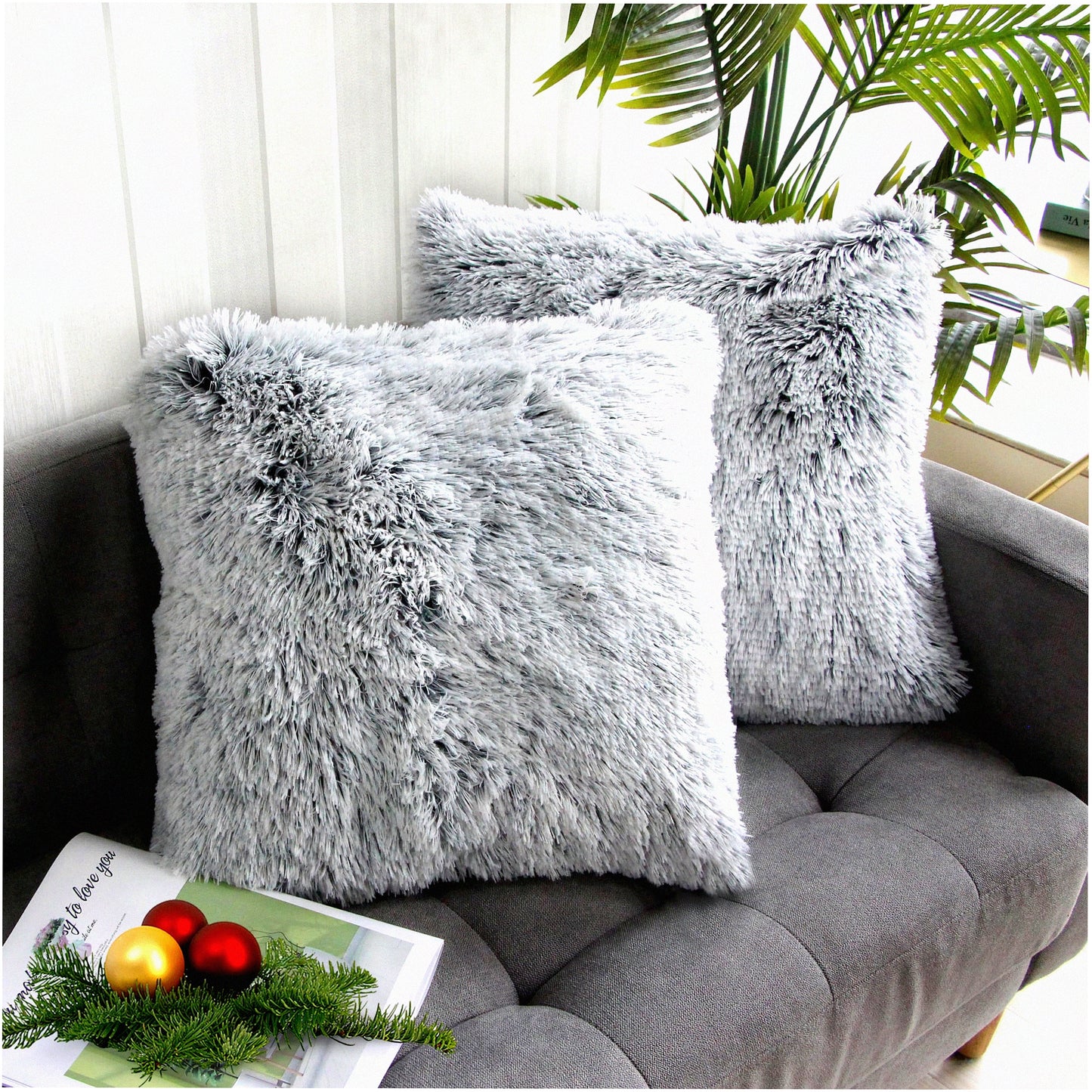 Luxury Gray Ombre Fluffy Throw Pillow Covers - Set of 2 | Super Soft Cushion Cases for Sofa or Bed | Double Sided Decorative Home Decor - 18x18 Inch