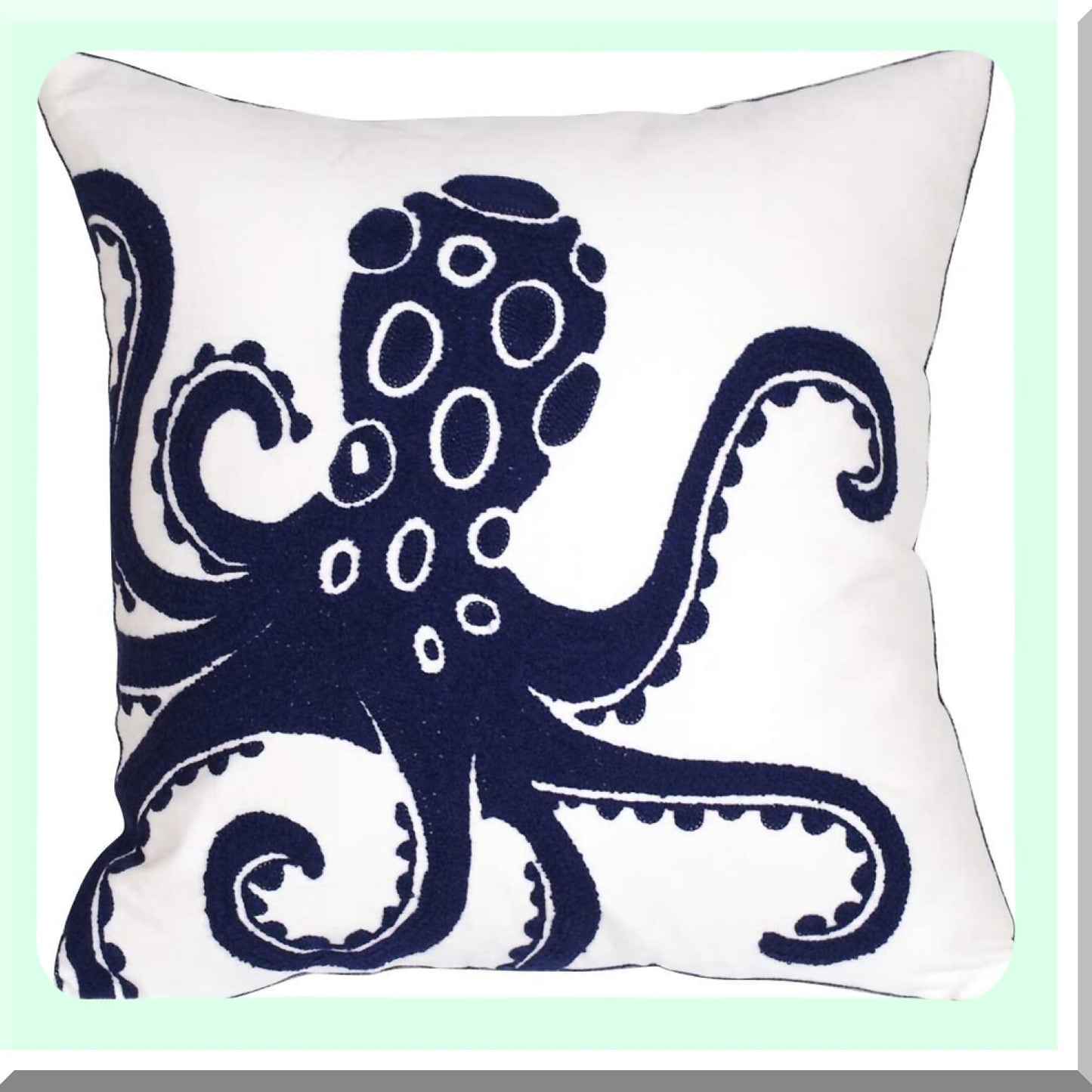 Nautical Octopus Embroidered Pillow Cover - 18 Inch Square Decorative Canvas for Navy Style Decor - Coastal Sea Theme Cushion Case