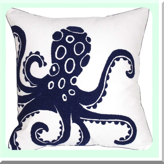 Nautical Octopus Embroidered Pillow Cover - 18 Inch Square Decorative Canvas for Navy Style Decor - Coastal Sea Theme Cushion Case