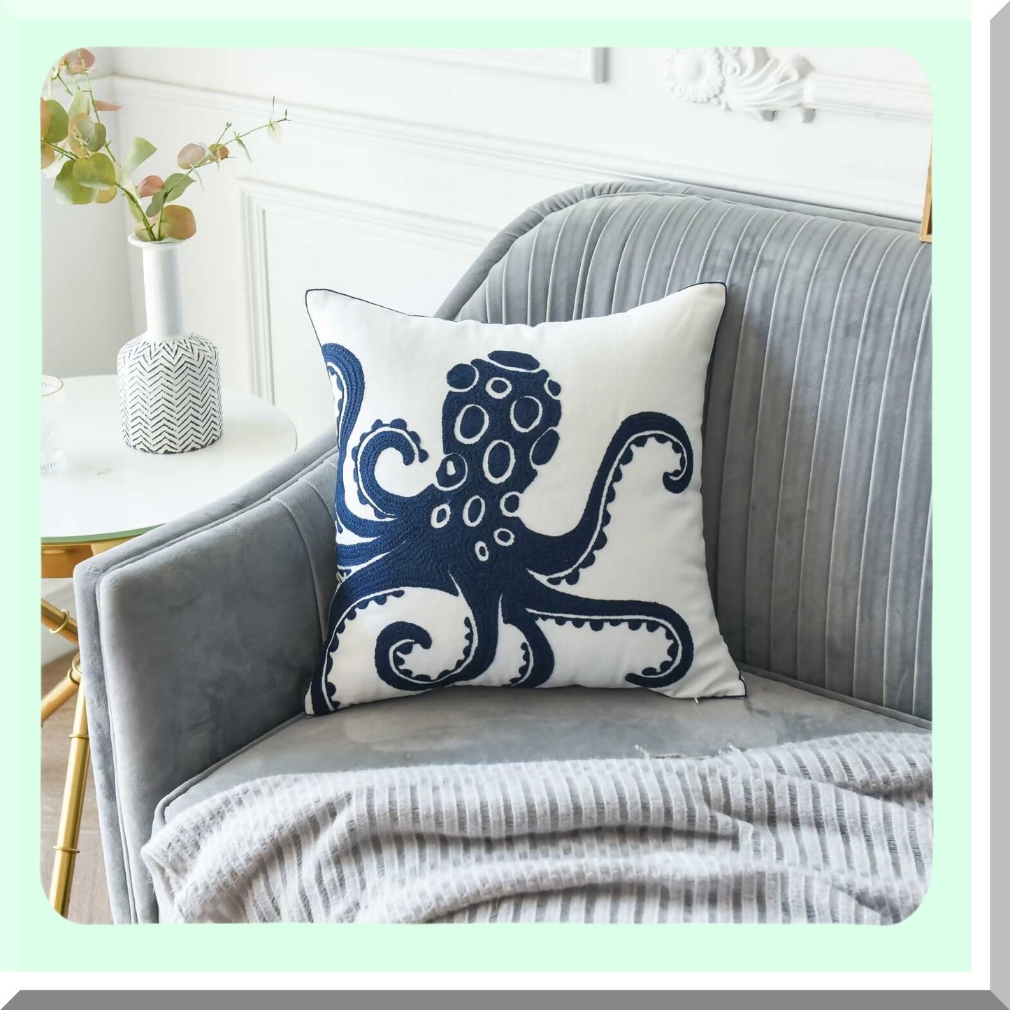 Nautical Octopus Embroidered Pillow Cover - 18 Inch Square Decorative Canvas for Navy Style Decor - Coastal Sea Theme Cushion Case
