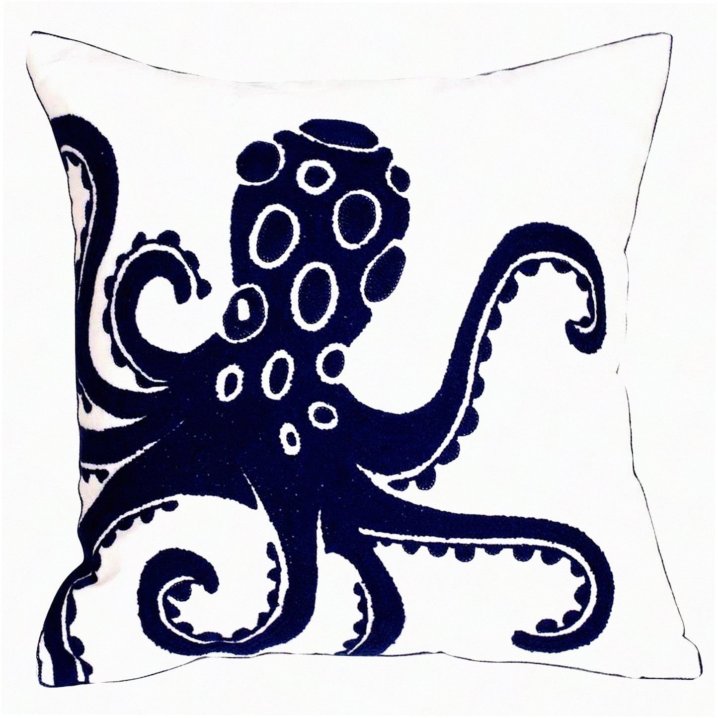 Nautical Octopus Embroidered Pillow Cover - 18 Inch Square Decorative Canvas for Navy Style Decor - Coastal Sea Theme Cushion Case