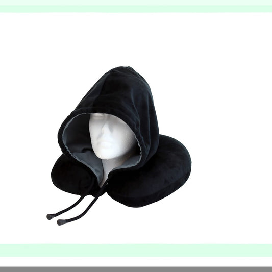 TravelComfort FiberFill Neck Pillow - Black Charcoal - Plane & Car Essential - Compact & Cozy - Supportive Hoodie Design - Relax & Rest On-The-Go