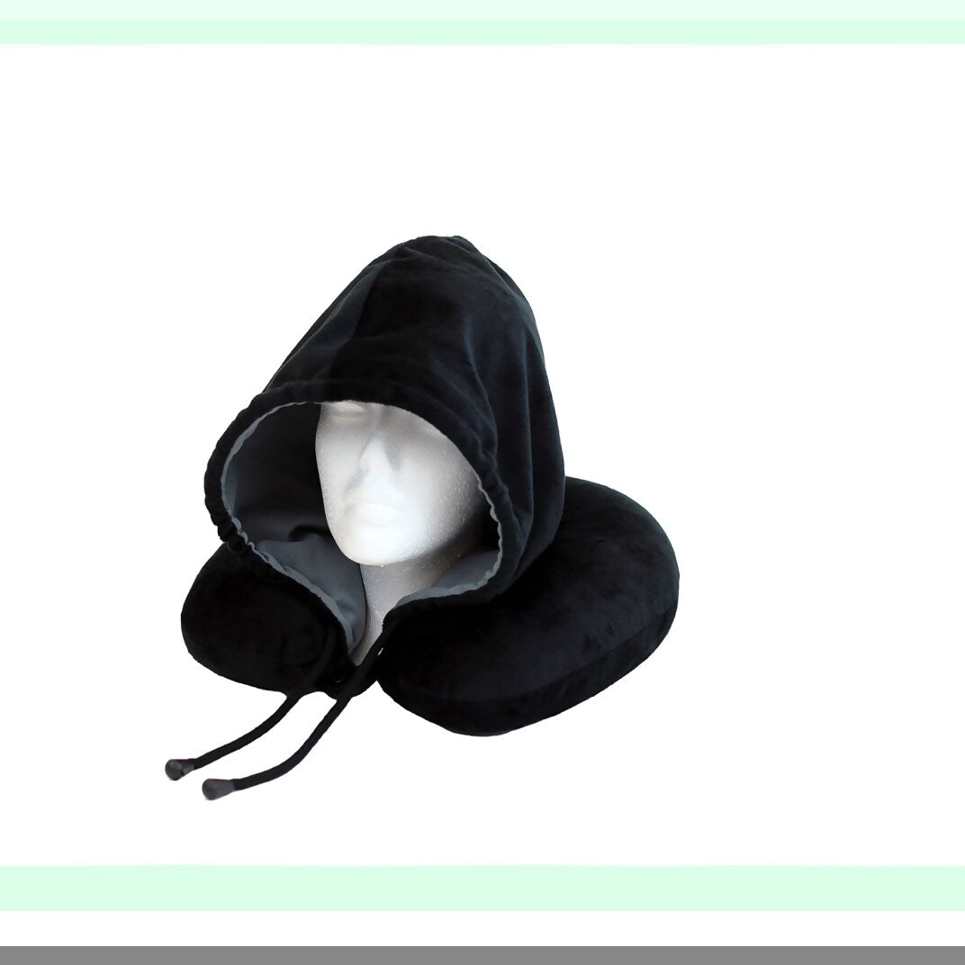 TravelComfort FiberFill Neck Pillow - Black Charcoal - Plane & Car Essential - Compact & Cozy - Supportive Hoodie Design - Relax & Rest On-The-Go