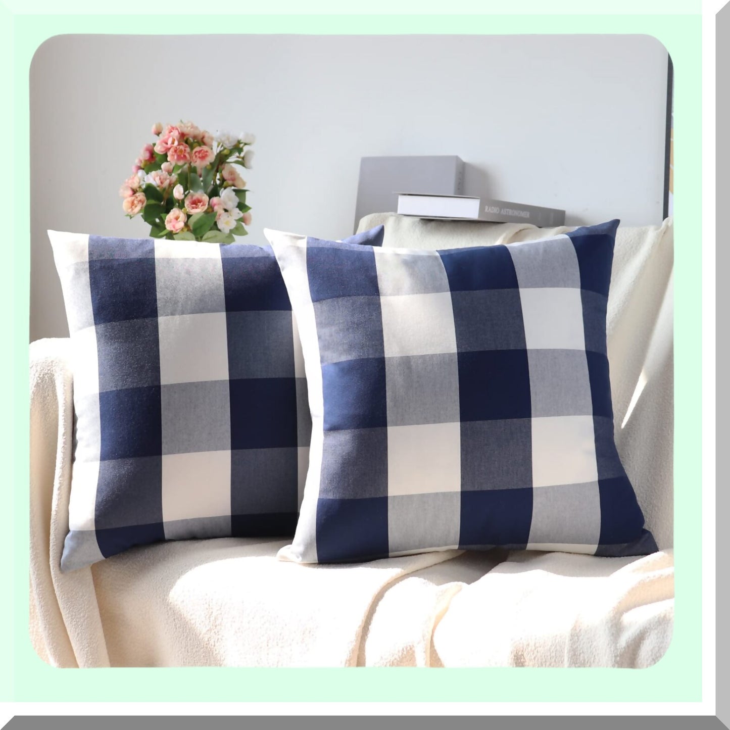 Navy Blue Buffalo Check Plaid Outdoor Pillow Covers - Farmhouse Decorative Throw Pillows 18x18 for Couch Sofa Bed - Set of 2