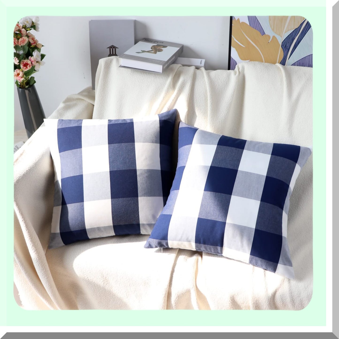 Navy Blue Buffalo Check Plaid Outdoor Pillow Covers - Farmhouse Decorative Throw Pillows 18x18 for Couch Sofa Bed - Set of 2