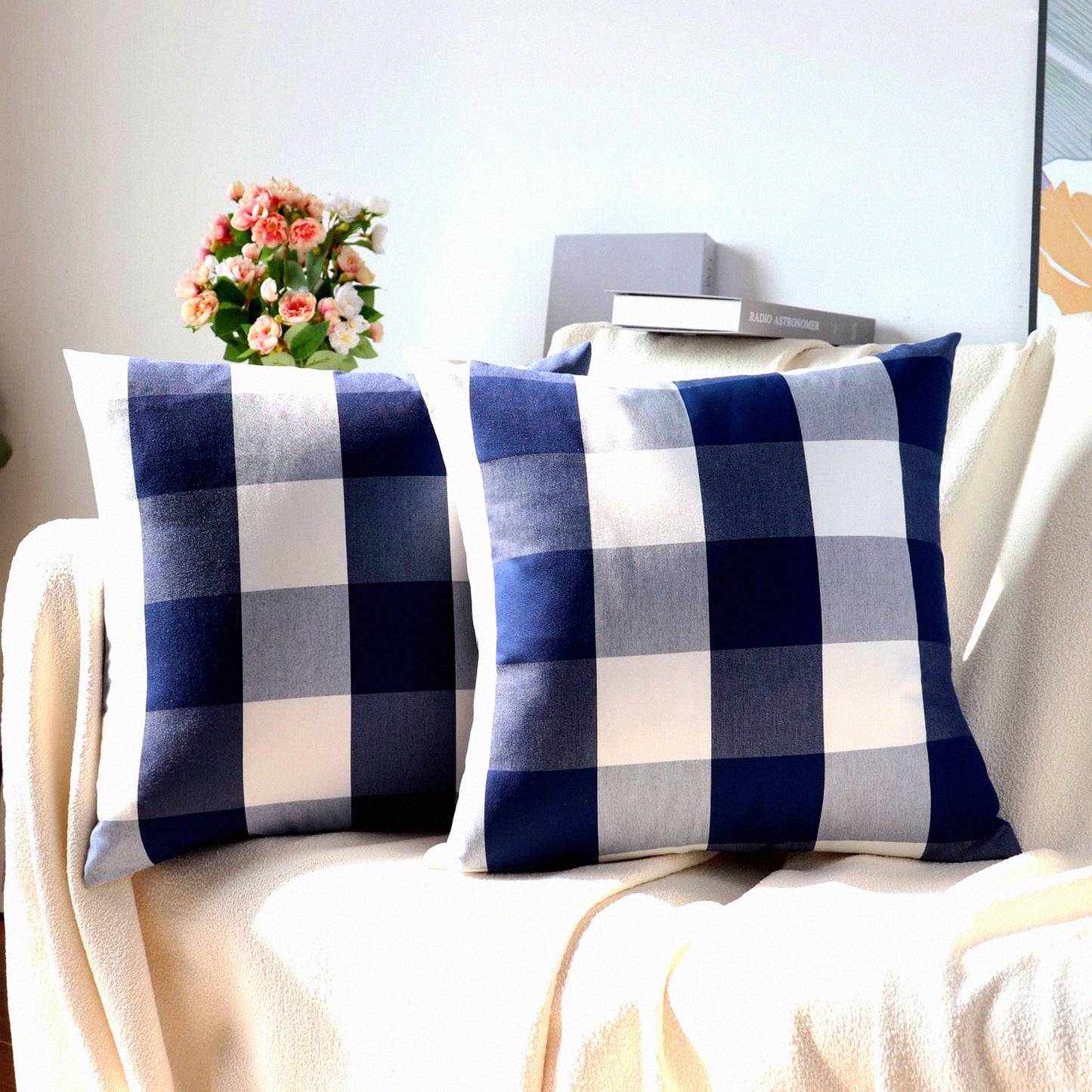 Navy Blue Buffalo Check Plaid Outdoor Pillow Covers - Farmhouse Decorative Throw Pillows 18x18 for Couch Sofa Bed - Set of 2