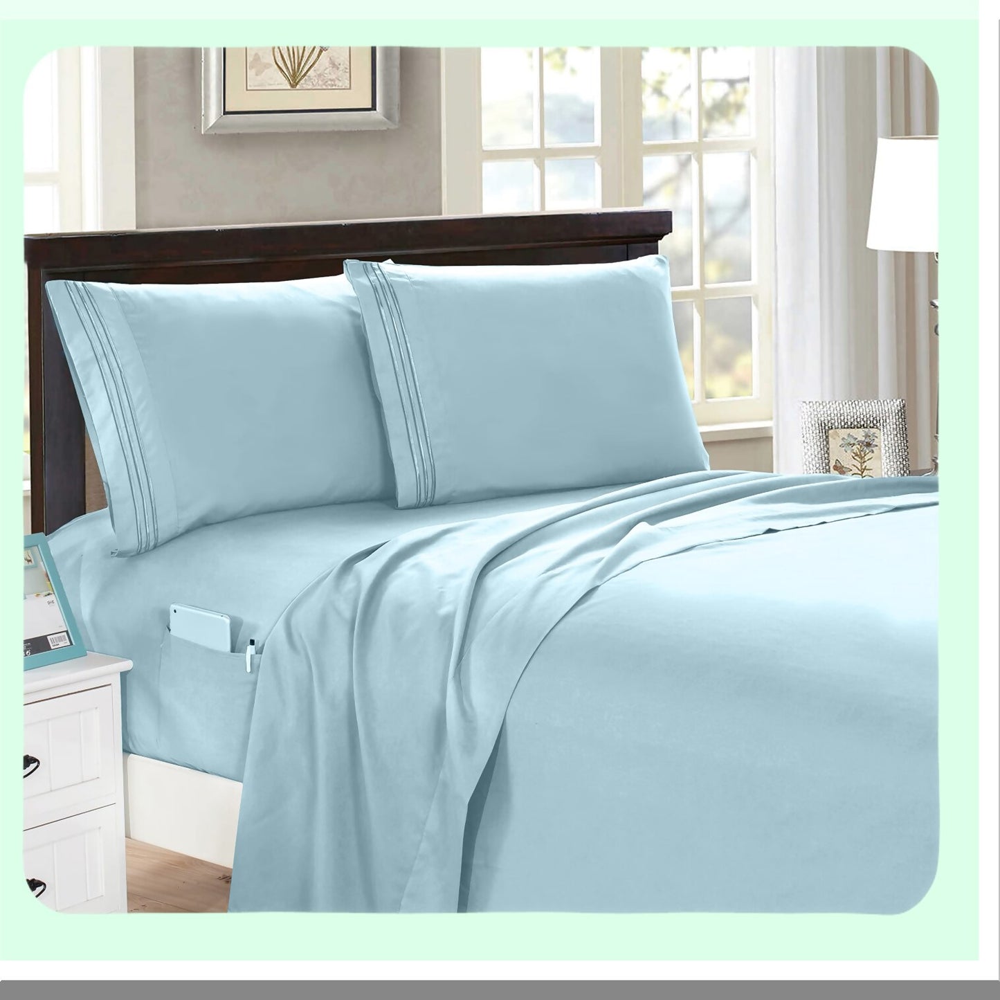 AquaLux Deep Pocket Smart Sheet Set - 1500 Thread Count Microfiber - Wrinkle & Fade Resistant - Side Storage Pockets - Silky Soft Queen Size