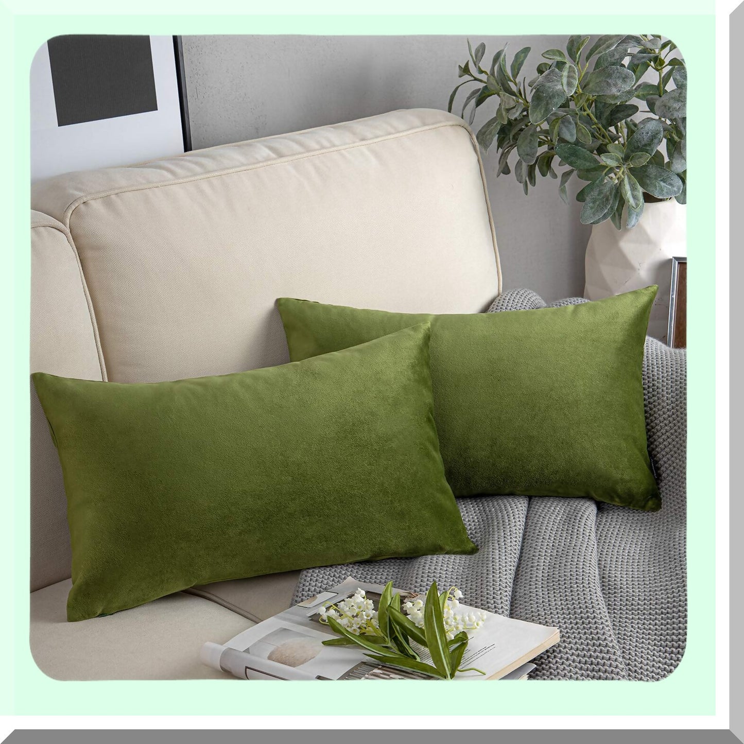 Velvet Green Xmas Throw Pillow Cover Set - Soft Square Decorative Cushion Case for Couch - Pack of 2 - 12 x 20 inches - Top Quality Fabric