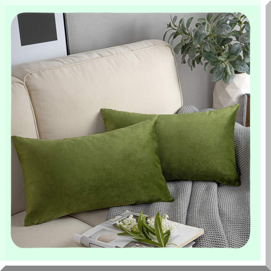 Velvet Green Xmas Throw Pillow Cover Set - Soft Square Decorative Cushion Case for Couch - Pack of 2 - 12 x 20 inches - Top Quality Fabric