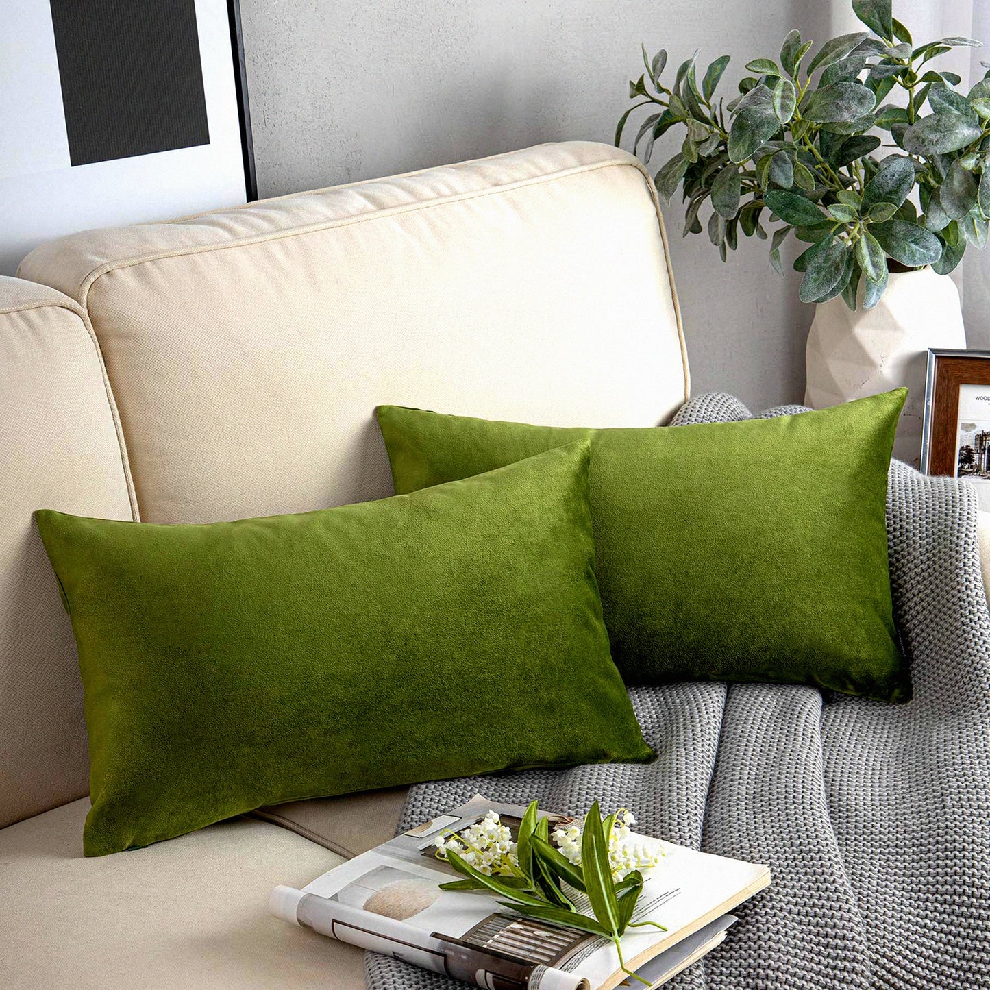 Velvet Green Xmas Throw Pillow Cover Set - Soft Square Decorative Cushion Case for Couch - Pack of 2 - 12 x 20 inches - Top Quality Fabric