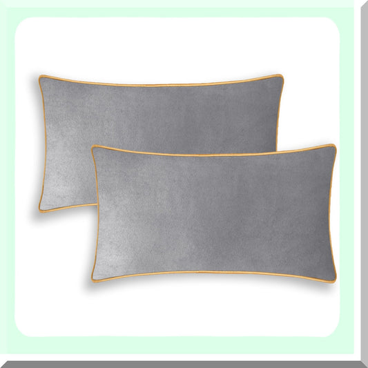 Luxury Suede Accent Pillow Covers - Set of 2 | Soft Gold Piping Edge | Farmhouse Decor Cushion Cases for Couch, Bed, Sofa | 12x20 Inches | Silver Gray